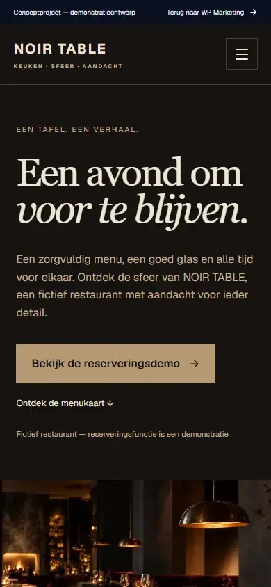 Mobiele weergave van de NOIR TABLE demonstratiewebsite