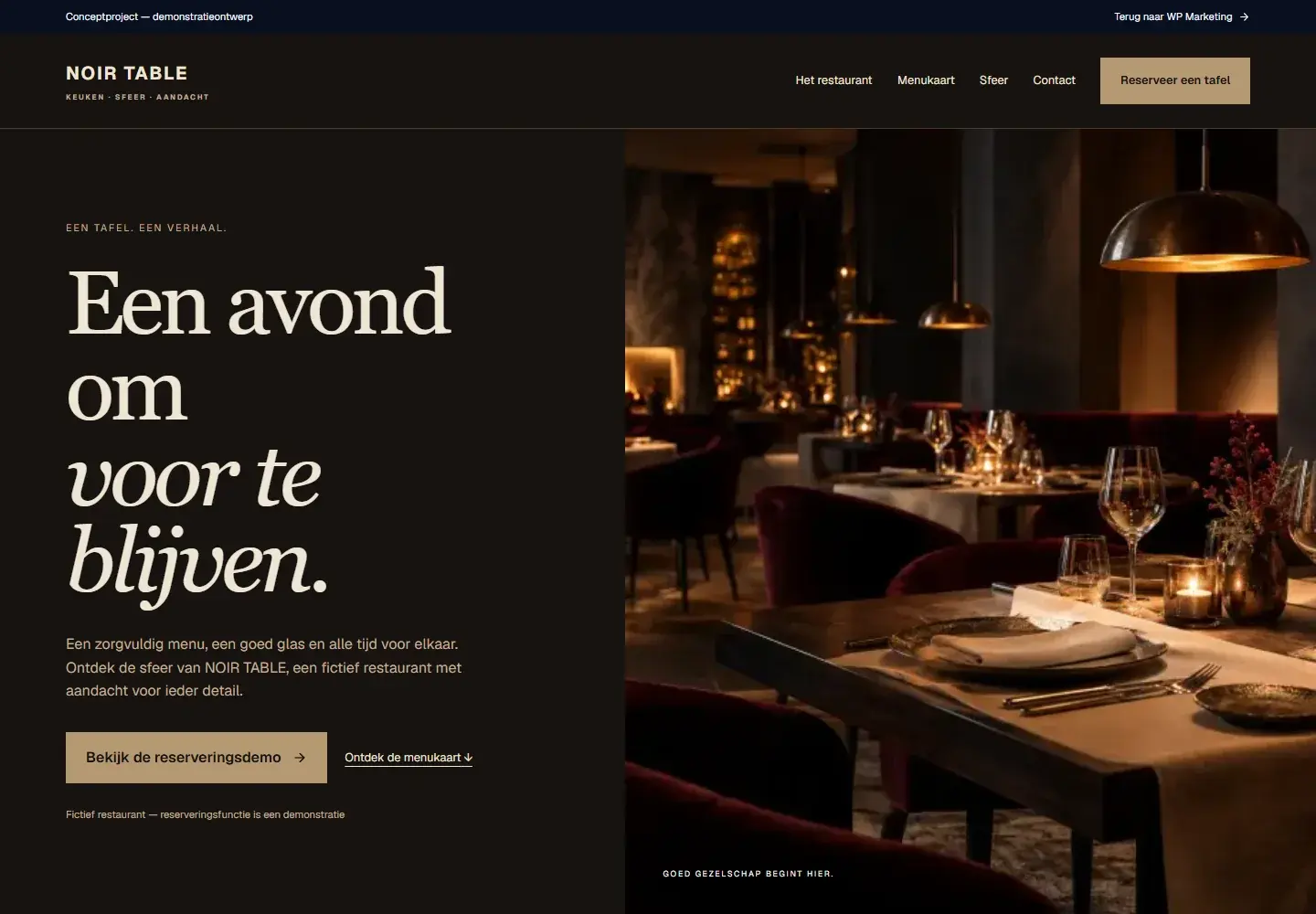 Echte desktopweergave van de NOIR TABLE demonstratiewebsite